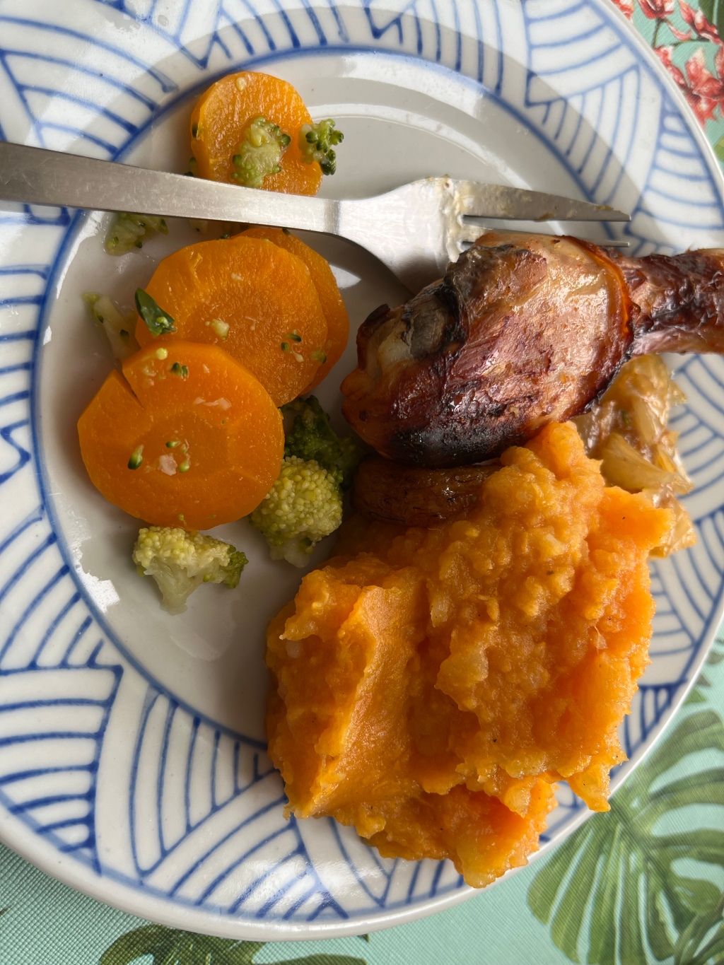 Traybake chicken with sweet potato mash, vegetables and fried plantain